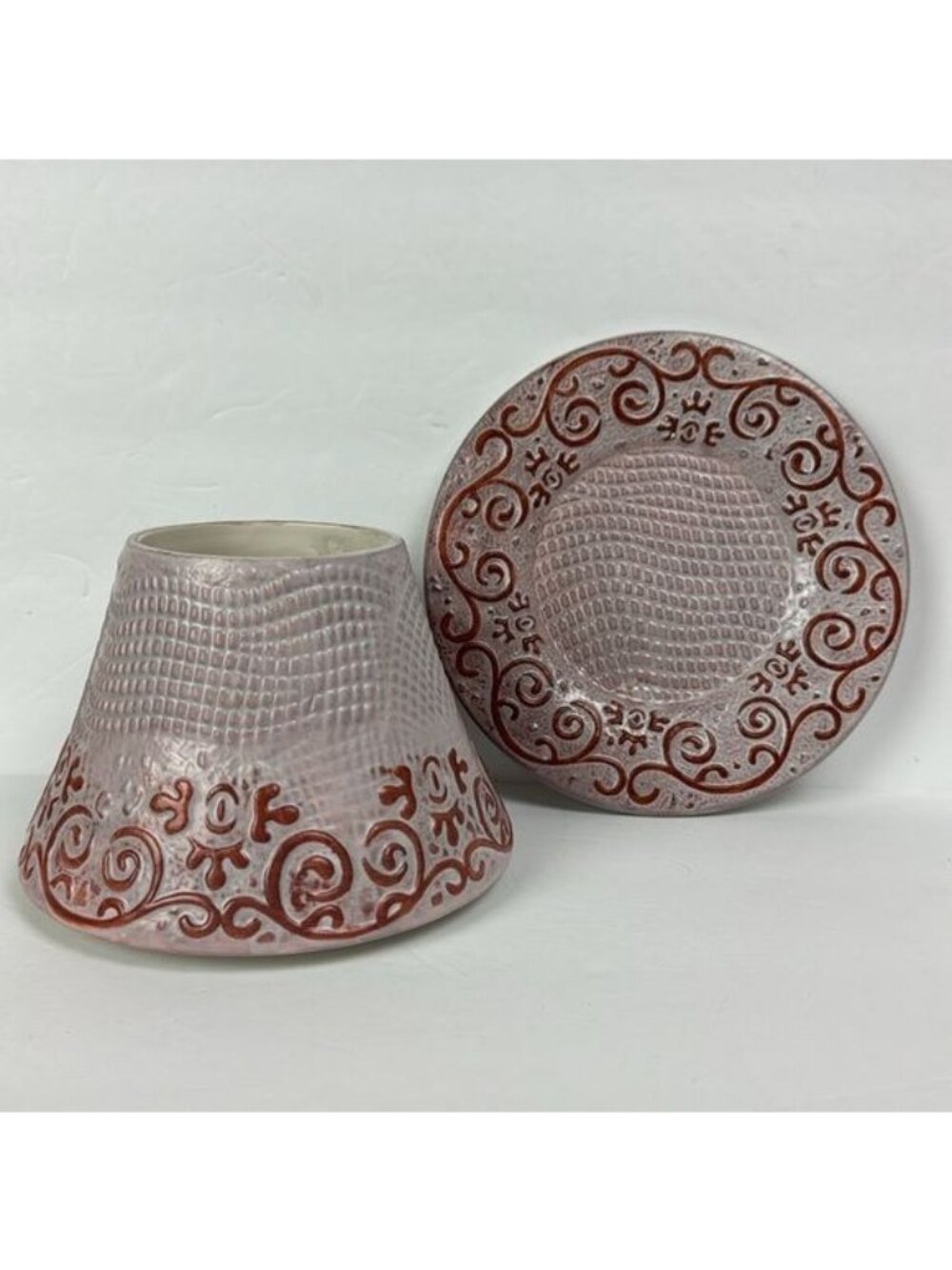 Yankee Candle Large Jar Topper w Plate Dusty Rose w Rust Color Swirls ceramic